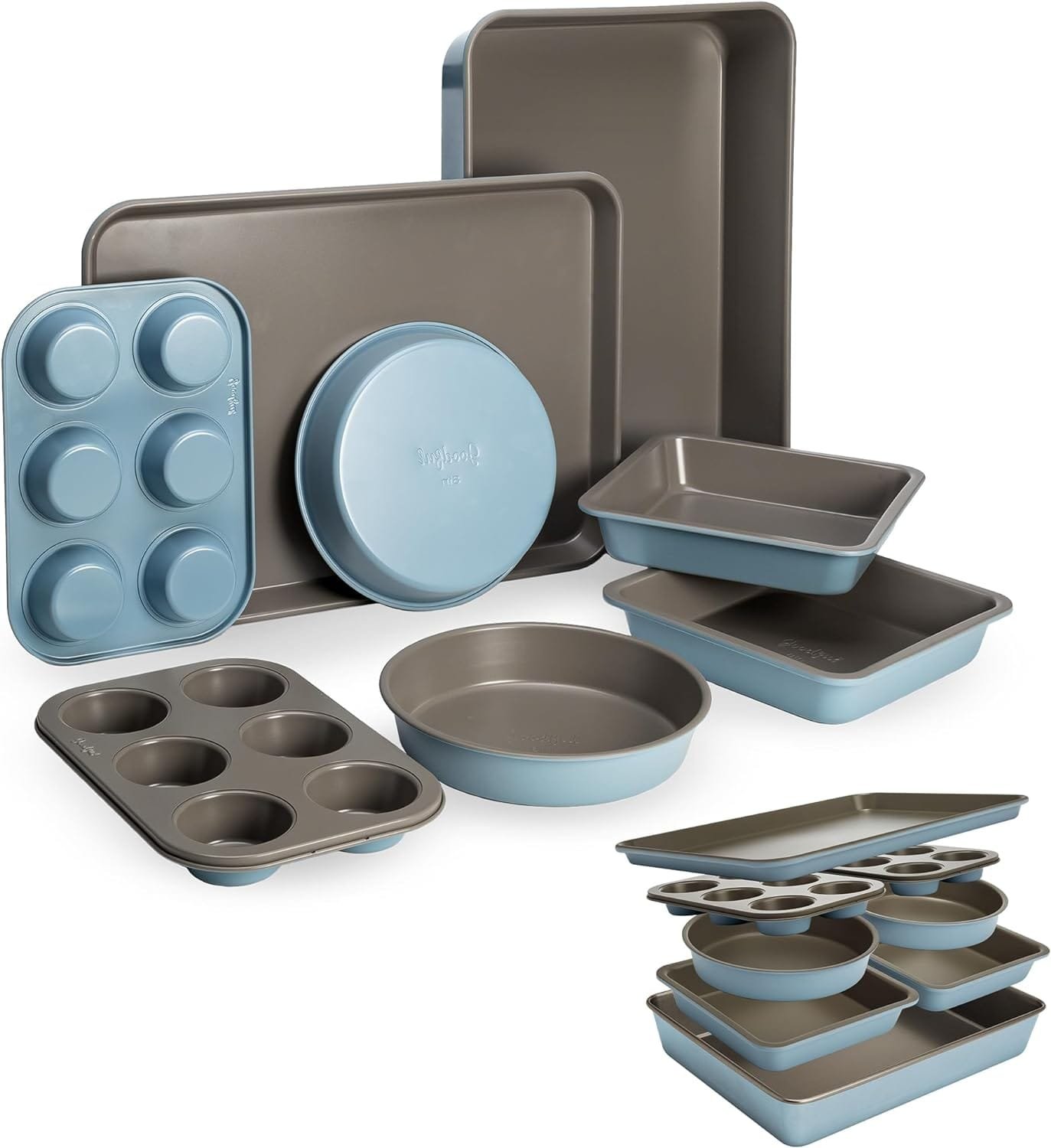 Goodful All-In-One Nonstick Bakeware Set, Stackable and Space Saving Design includes Round and Square Pans, Muffin Pans, Cookie Sheet and Roaster, Dishwasher Safe, 8-Piece, Blue Mist Goodful All-In-One Nonstick Bakeware Set, Stackable and Space Saving Design includes Round and Square Pans, Muffin Pans, Cookie Sheet and Roaster, Dishwasher Safe, 8-Piece, Blue Mist
