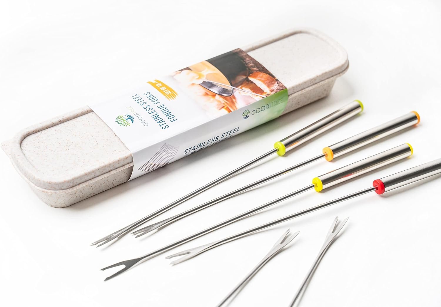 GOODiTREE Fondue Forks Set of 12 with Storage Box Mini Cheese Pot Chocolate Fountain Party Stainless Steel 9.5 Roasting Sticks Dessert Skewers Heat Resistant Multi Color Kitchen Accessories 12 PCS
