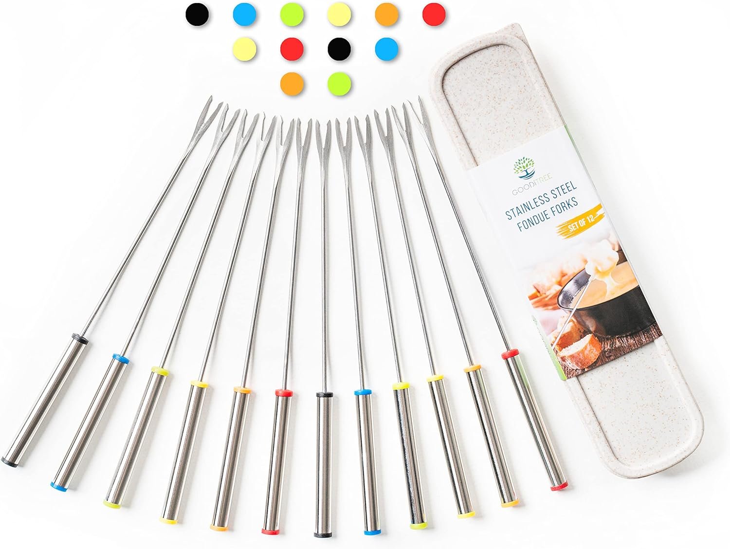 GOODiTREE Fondue Forks Set of 12 with Storage Box Mini Cheese Pot Chocolate Fountain Party Stainless Steel 9.5 Roasting Sticks Dessert Skewers Heat Resistant Multi Color Kitchen Accessories 12 PCS