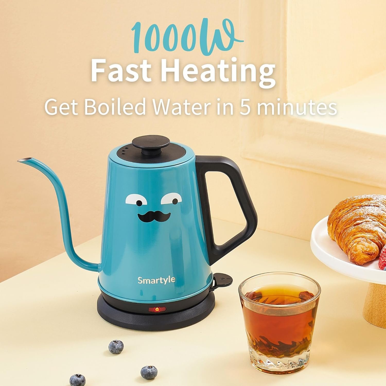 Gooseneck Electric Kettle,1.0L Colorful Electric Tea Kettle of Stainless Steel,1000W Cartoon Hot Water Kettle with Auto Shut Off,Cute Pour Over Kettle for Coffee and Tea-Blue Gooseneck Electric Kettle,1.0L Colorful Electric Tea Kettle of Stainless Steel,1000W Cartoon Hot Water Kettle with Auto Shut Off,Cute Pour Over Kettle for Coffee and Tea-Blue