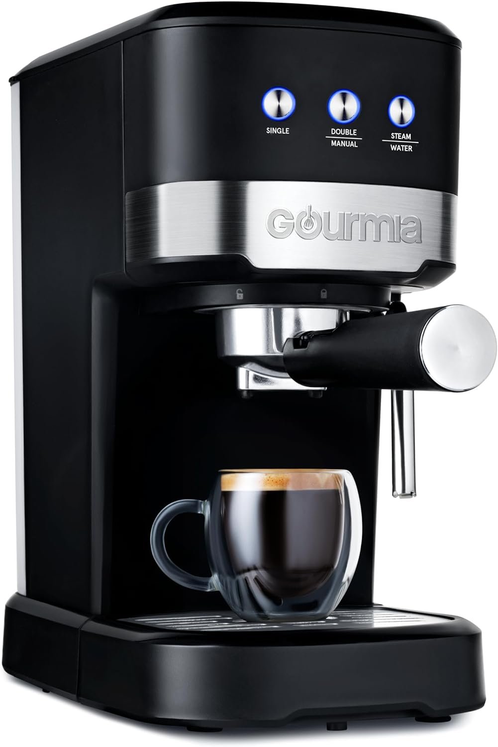Gourmia 15-Bar Espresso Maker with Powerful Frothing Wand with 1.2L Removable Water Reservoir, Black Gourmia 15-Bar Espresso Maker with Powerful Frothing Wand with 1.2L Removable Water Reservoir, Black
