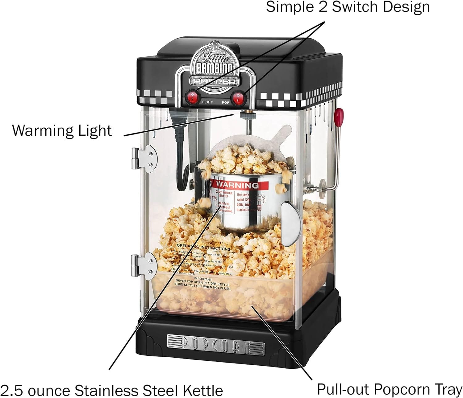 Great Northern Popcorn Little Bambino Popcorn Machines, Charcoal Maple, Black