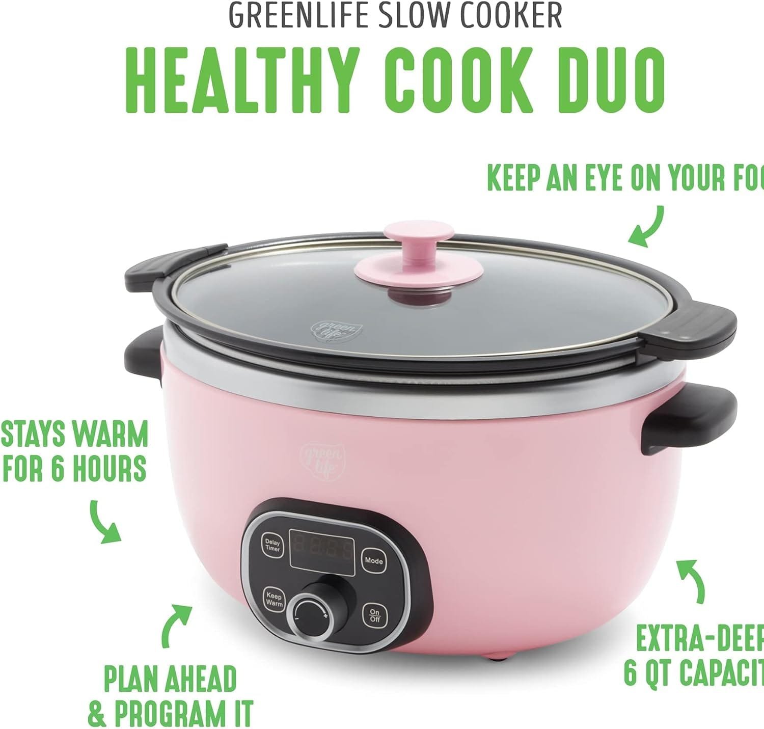 GreenLife Cook Duo Healthy Ceramic Nonstick Programmable 6 Quart Family-Sized Slow Cooker, PFAS-Free, Removable Lid and Pot, Digital Timer, Dishwasher Safe Parts, Turquoise