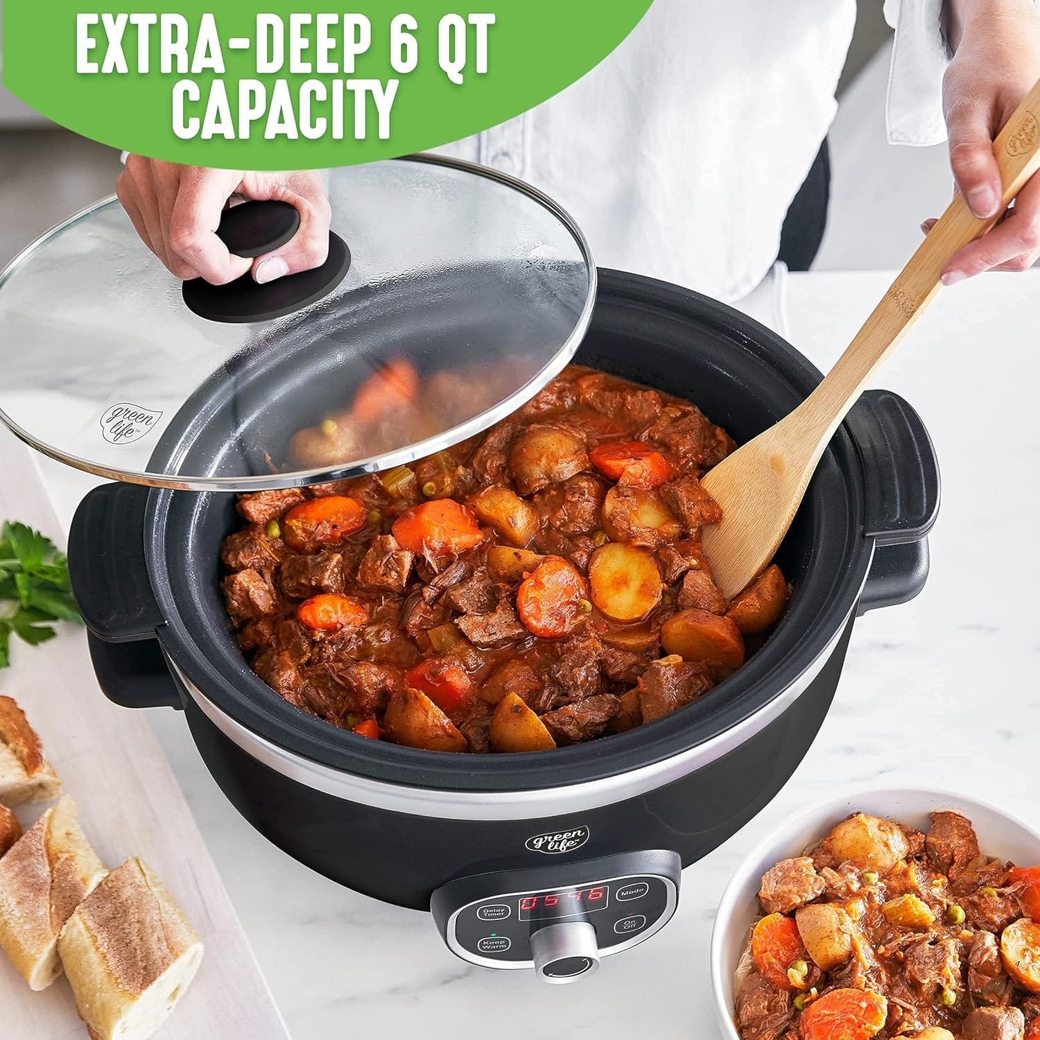 GreenLife Cook Duo Healthy Ceramic Nonstick Programmable 6 Quart Family-Sized Slow Cooker, PFAS-Free, Removable Lid and Pot, Digital Timer, Dishwasher Safe Parts, Turquoise