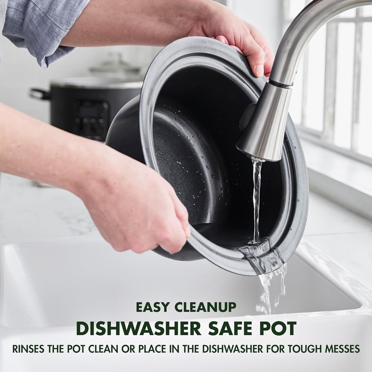 GreenPan Bistro Noir 4QT Electric Slow Cooker with Lid, 6-in-1 Multifunction Heating Presets, Hard Anodized PFAS-Free Removeable Inner Pot with Ceramic Nonstick Coating, Easy Grip Handles, Matte Black