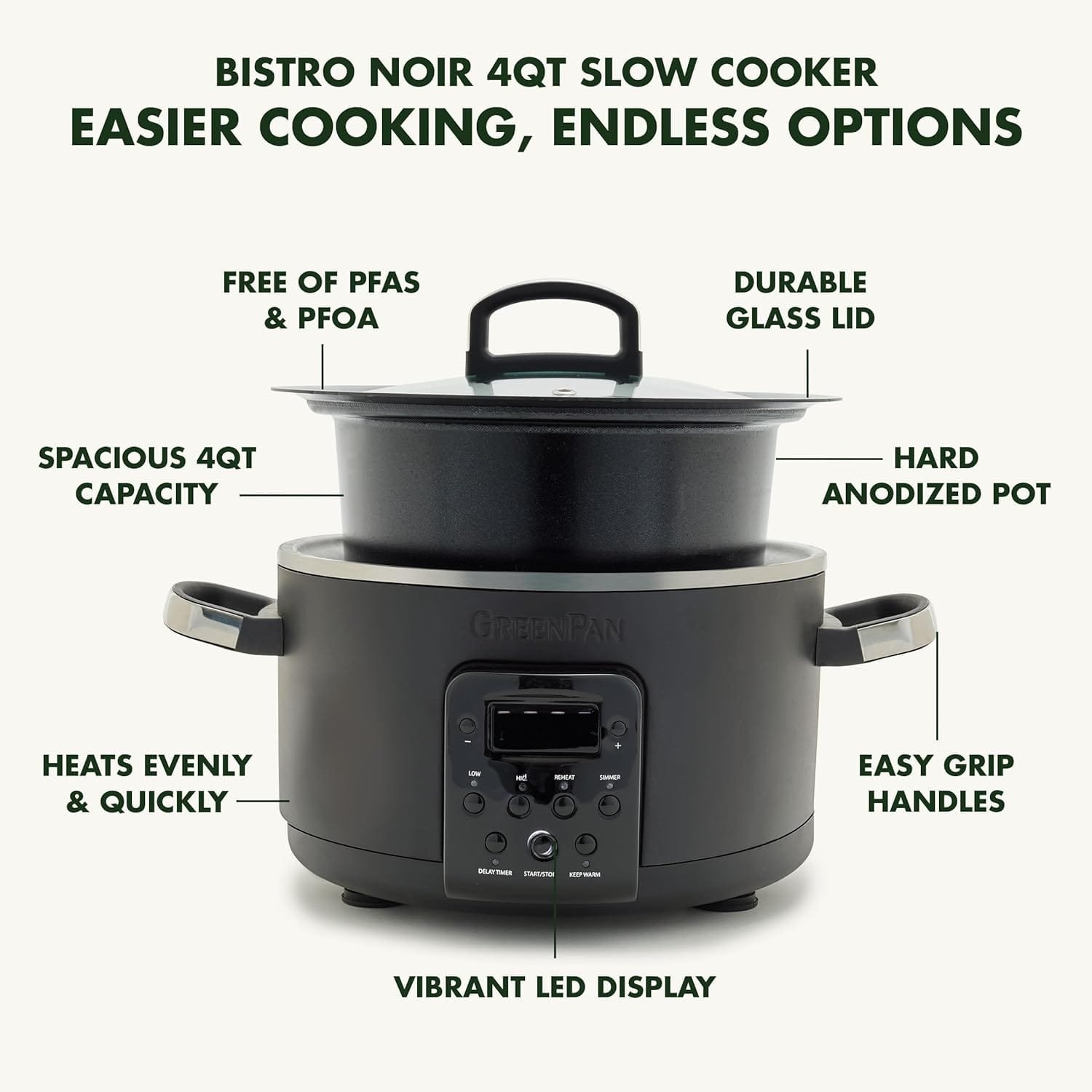 GreenPan Bistro Noir 4QT Electric Slow Cooker with Lid, 6-in-1 Multifunction Heating Presets, Hard Anodized PFAS-Free Removeable Inner Pot with Ceramic Nonstick Coating, Easy Grip Handles, Matte Black
