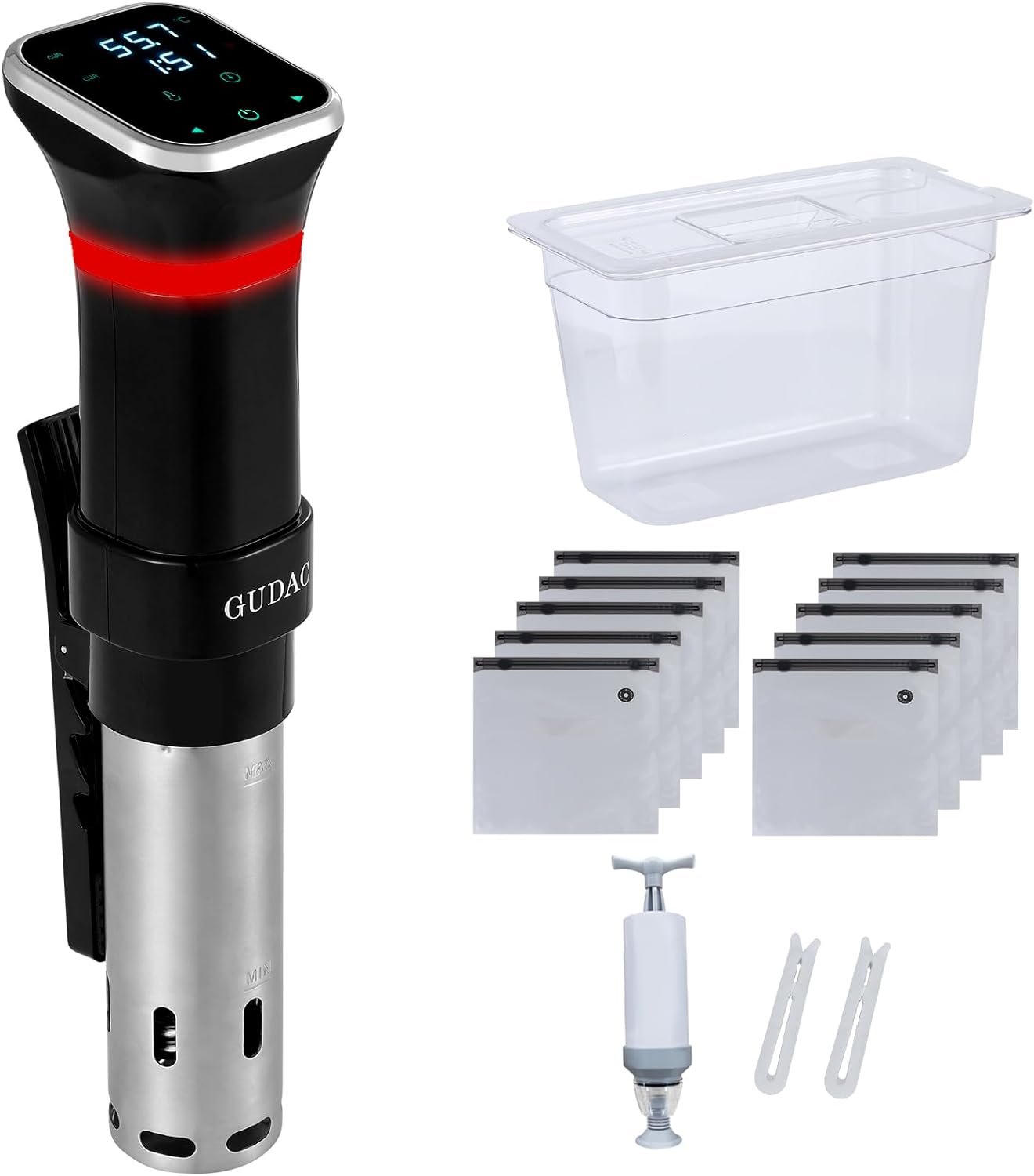 Gudac Sous Vide Precision Cooker, 1100 Watts, Sous Vide Machine Kit, Immersion Circulator, With 6L Water Container and 10pcs Sous Vide Bags