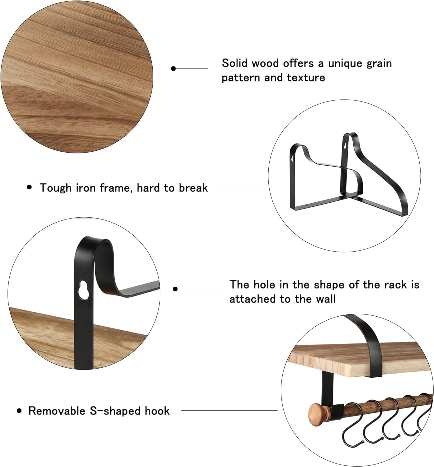 Gurfury Wooden Hanging Pot Rack with 8 hooks - Farmhouse Style Wall Mount Multifunctional Cookware Organizer Rack Kitchen Storage for Pans Utensils (Natural)