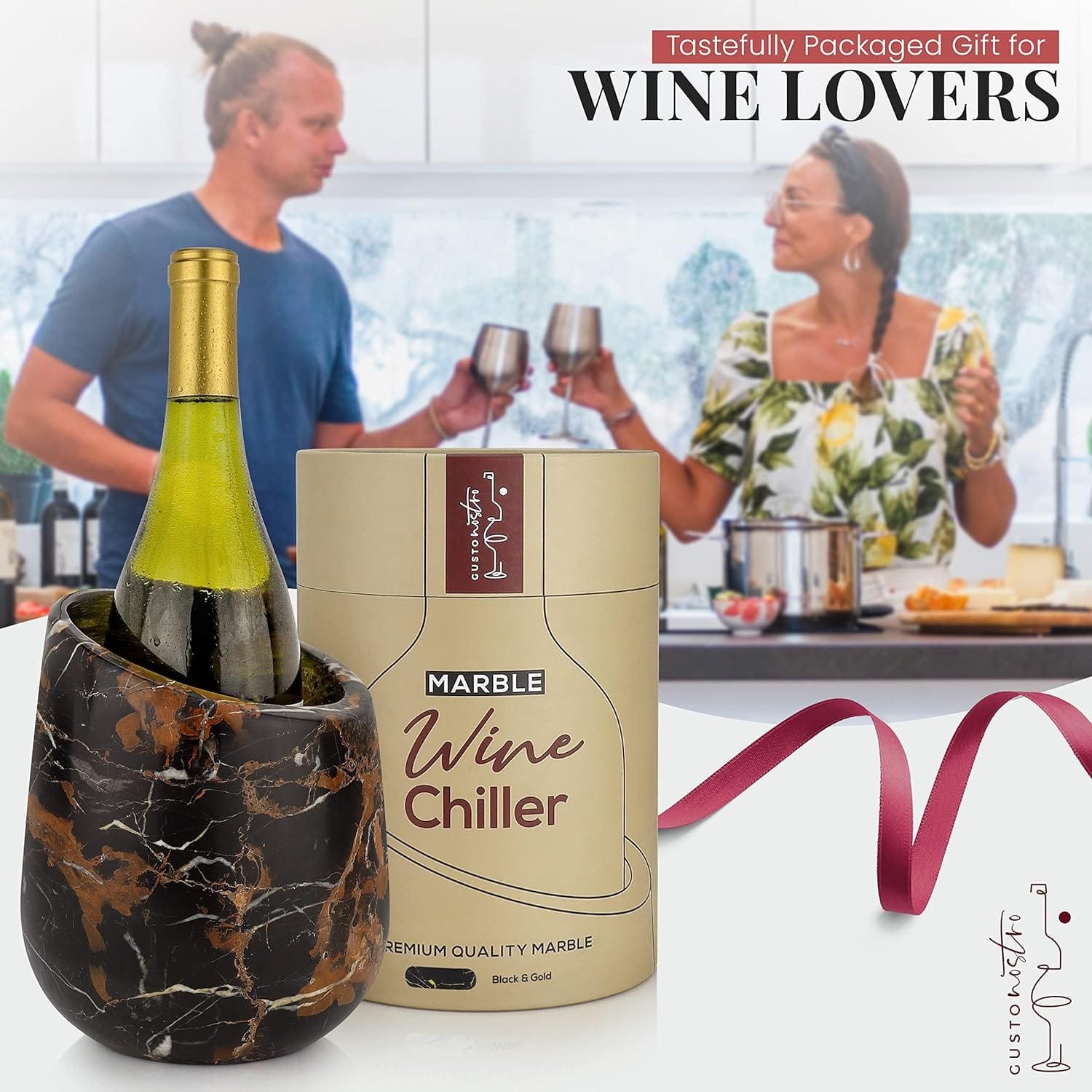 Gusto Nostro Marble Wine Chiller Bucket - 750ml Wine Bottle Cooler and Champagne Chiller for Party, Kitchen, Bar Cart Decor to Chill  Keep Bottles Cold with Unique Wine Lovers Gift Box (White)