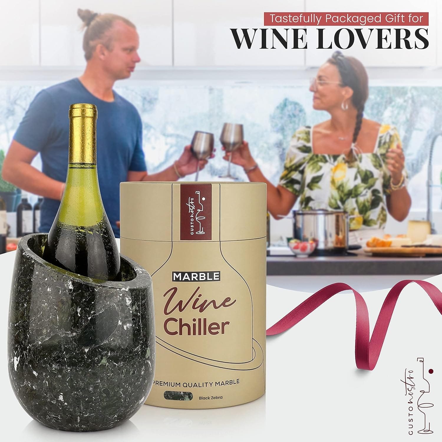 Gusto Nostro Marble Wine Chiller Bucket - 750ml Wine Bottle Cooler and Champagne Chiller for Party, Kitchen, Bar Cart Decor to Chill  Keep Bottles Cold with Unique Wine Lovers Gift Box (White)