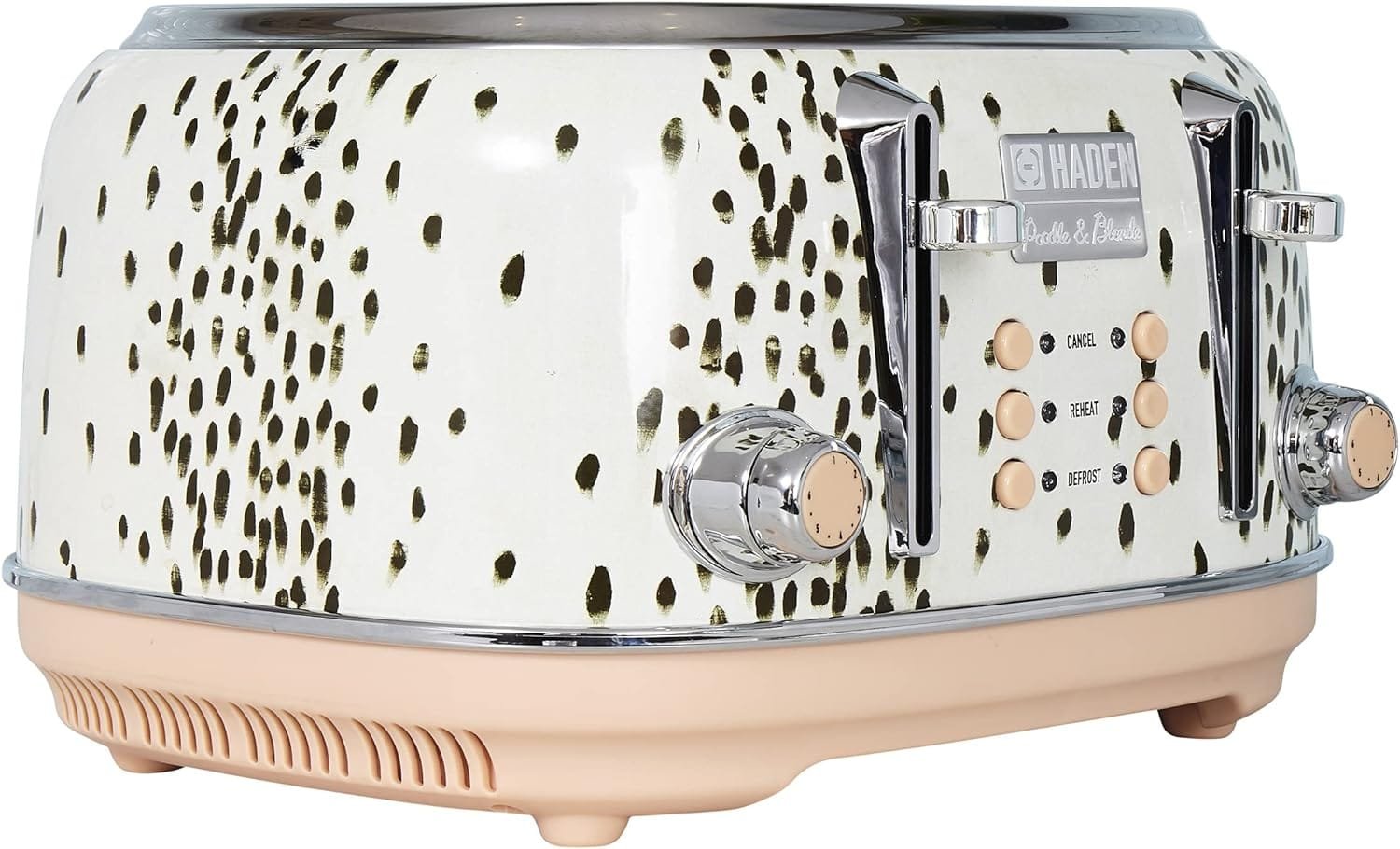 Haden 75024 4-Slice Toaster, Wide Slot with Removable Crumb Tray and Settings, White/Brown Spots/Pink