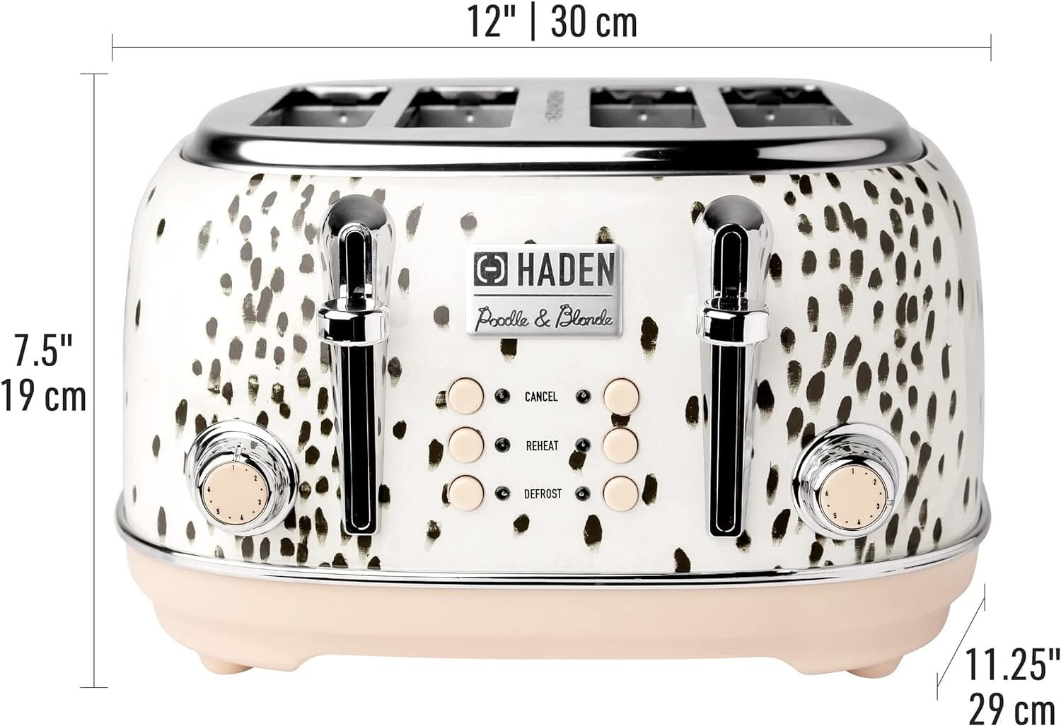 Haden 75024 4-Slice Toaster, Wide Slot with Removable Crumb Tray and Settings, White/Brown Spots/Pink
