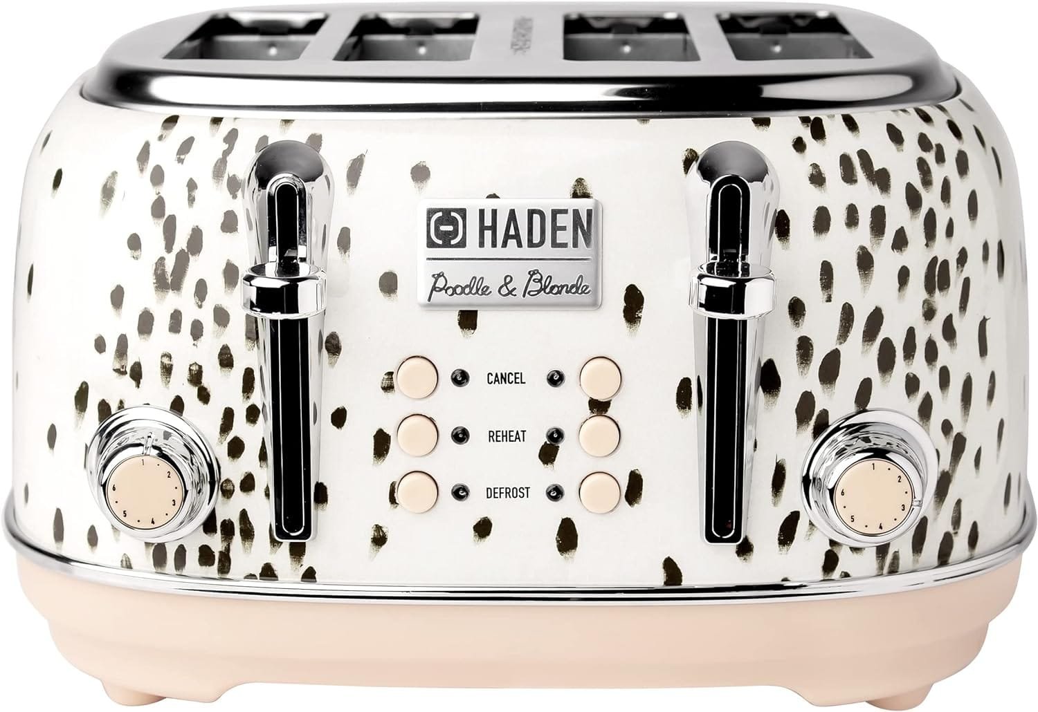 Haden 75024 4-Slice Toaster, Wide Slot with Removable Crumb Tray and Settings, White/Brown Spots/Pink