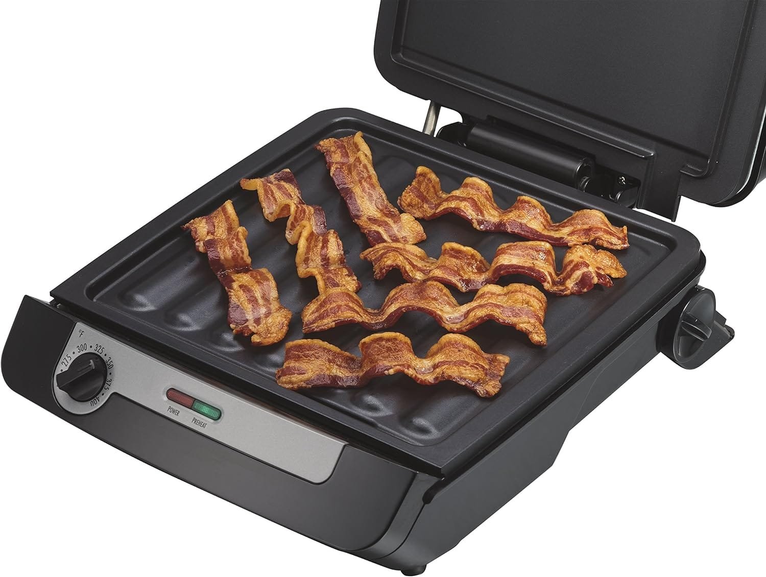 Hamilton Beach 4-in-1 Indoor Grill Electric Griddle Combo with Bacon Cooker, Opens Flat to Double Cooking Surface, Removable Nonstick Plates, Black Silver (25601) Hamilton Beach 4-in-1 Indoor Grill Electric Griddle Combo with Bacon Cooker, Opens Flat to Double Cooking Surface, Removable Nonstick Plates, Black Silver (25601)