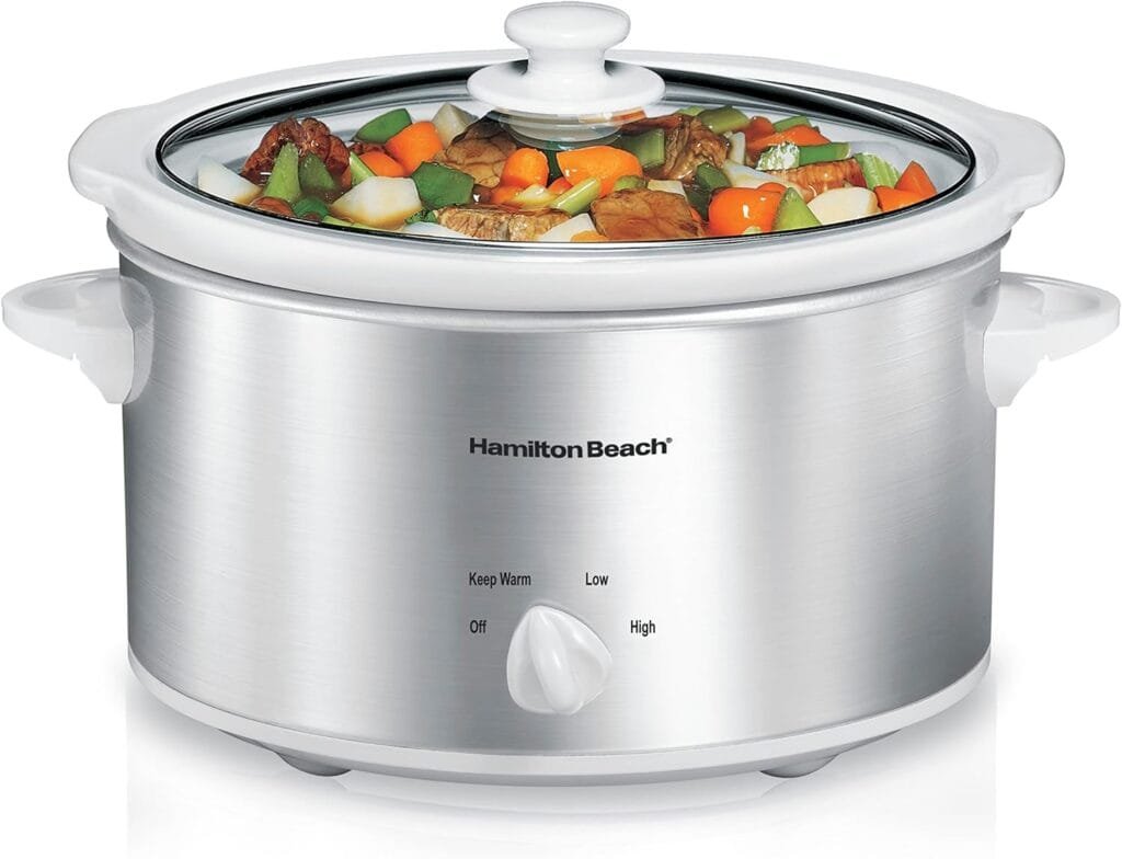 Hamilton Beach 4-Quart Slow Cooker with 3 Cooking Settings, Dishwasher-Safe Stoneware Crock  Glass Lid, Stainless Steel (33140V)