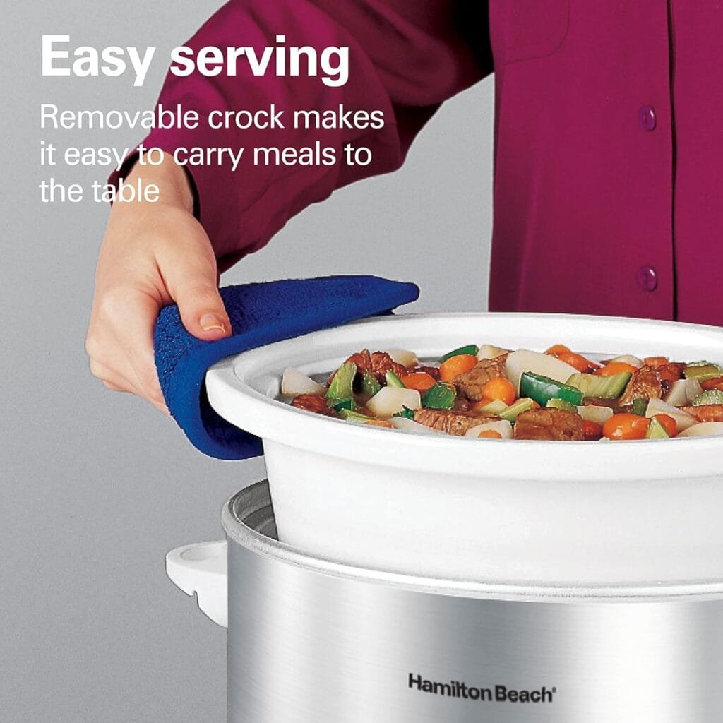 Hamilton Beach 4-Quart Slow Cooker with 3 Cooking Settings, Dishwasher-Safe Stoneware Crock  Glass Lid, Stainless Steel (33140V)