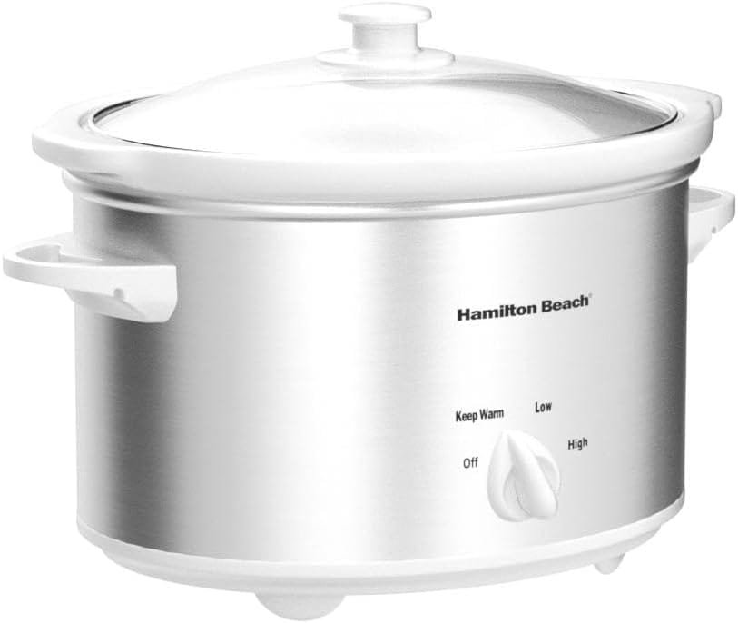 Hamilton Beach 4-Quart Slow Cooker with 3 Cooking Settings, Dishwasher-Safe Stoneware Crock  Glass Lid, Stainless Steel (33140V)