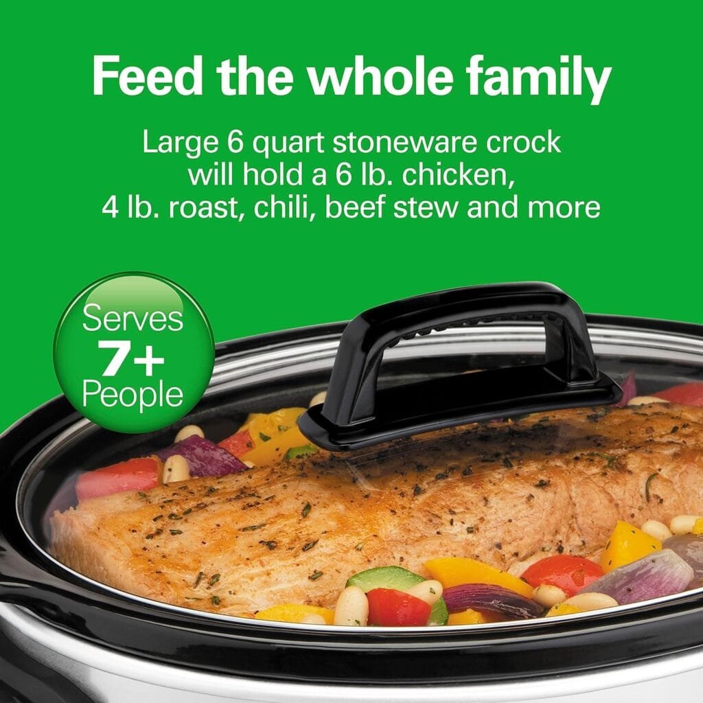 Hamilton Beach 6-Quart Slow Cooker with 3 Cooking Settings, Dishwasher-Safe Stoneware Crock  Glass Lid, Silver (33665G)