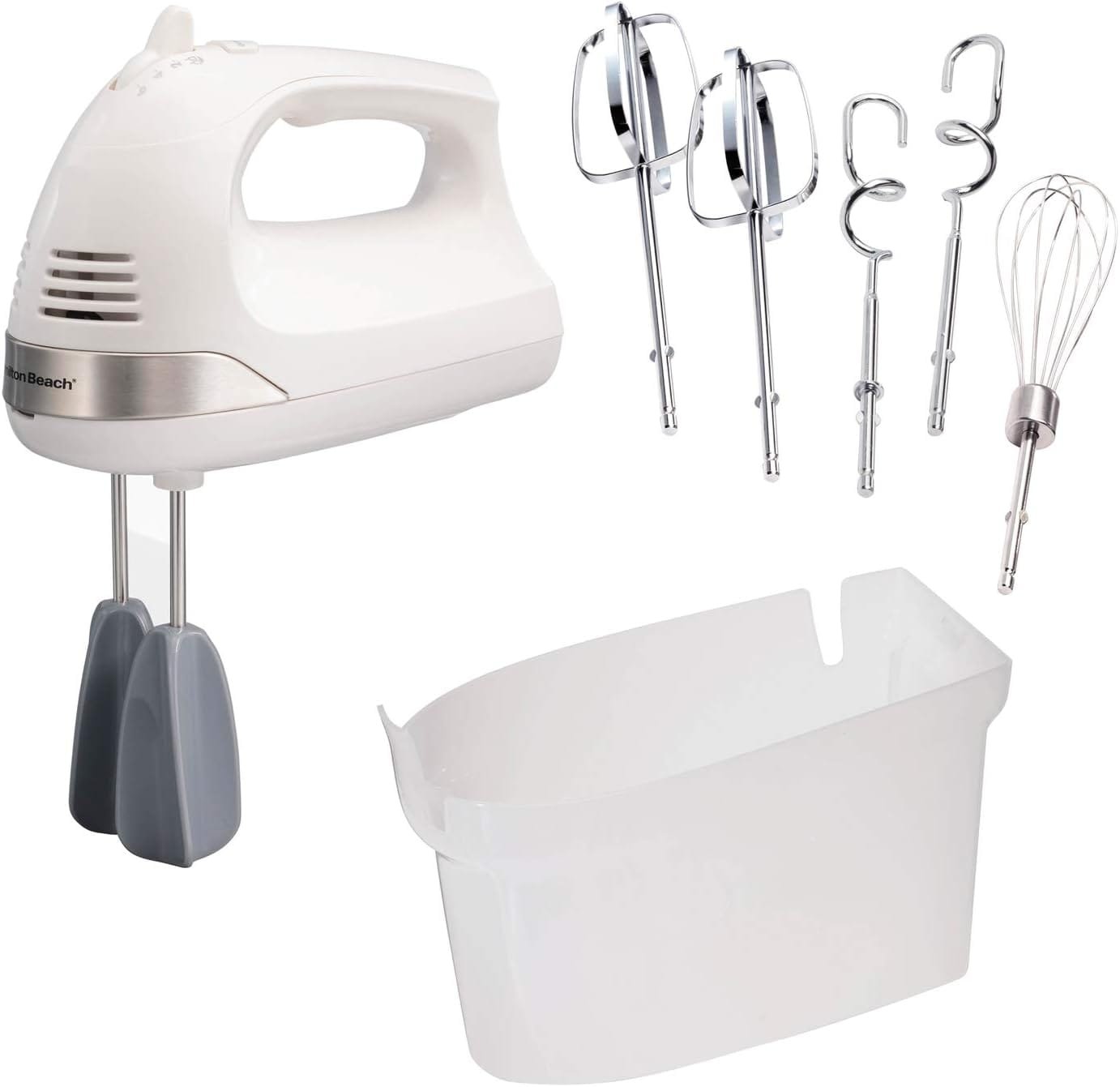 Hamilton Beach 6-Speed Electric Hand Mixer with Whisk, Dough Hooks and Easy Clean Beaters, Snap-On Storage Case, White