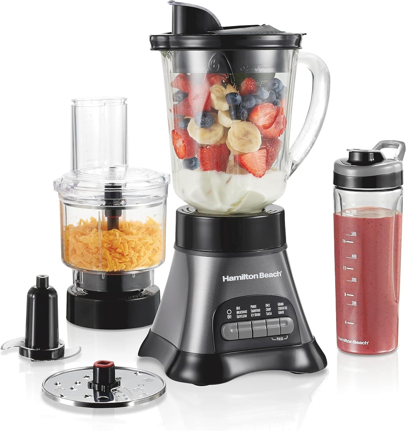 Hamilton Beach Blender for Shakes and Smoothies Food Processor Combo, With 40oz Glass Jar, Portable Blend-In Travel Cup 3 Cup Electric Food Chopper Attachment, 700 Watts, Gray Black (58163) Hamilton Beach Blender for Shakes and Smoothies Food Processor Combo, With 40oz Glass Jar, Portable Blend-In Travel Cup 3 Cup Electric Food Chopper Attachment, 700 Watts, Gray Black (58163)