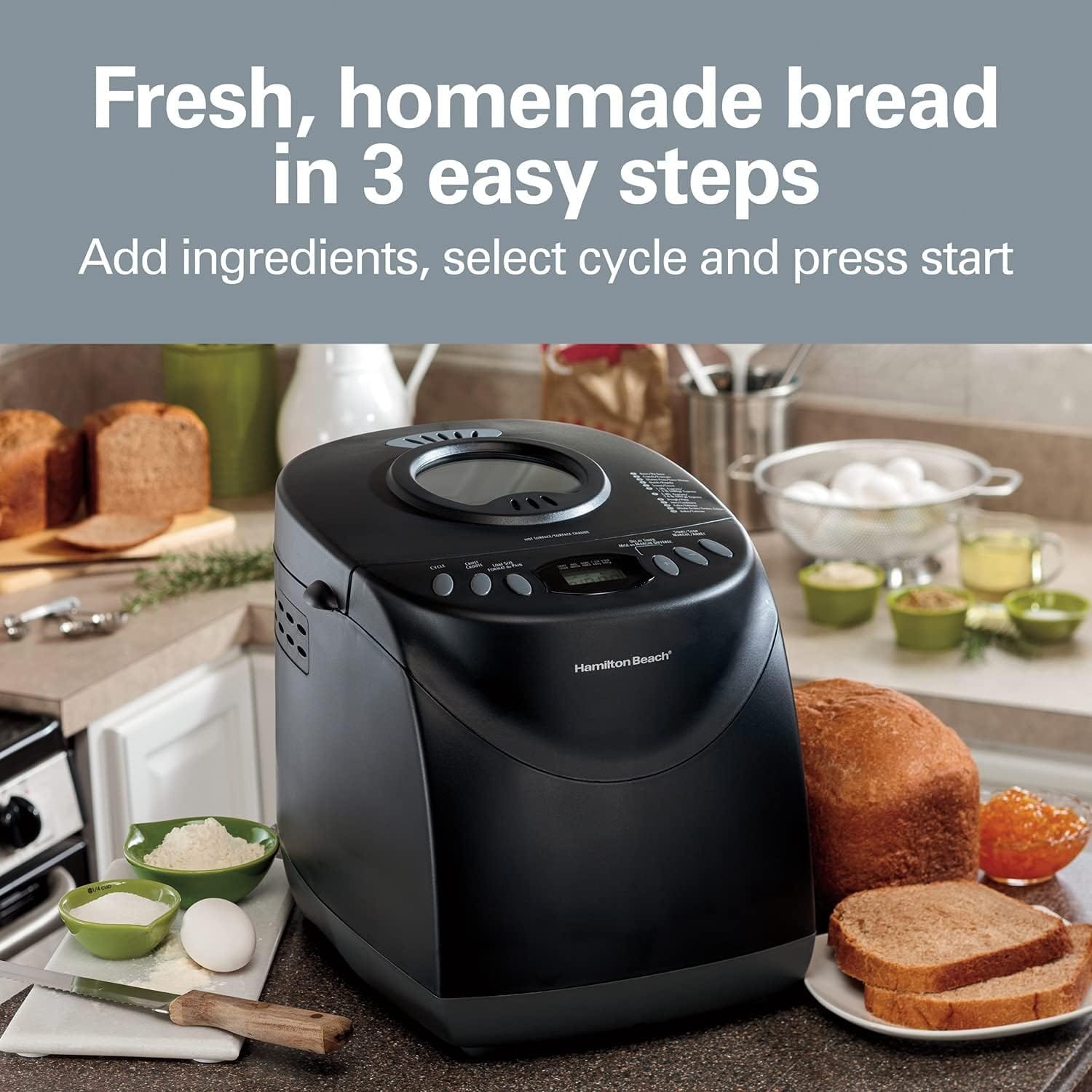 Hamilton Beach Bread Maker Machine, Digital, Programmable, 12 Settings + Gluten Free, Dishwasher Safe Pan + Kneading Paddle, 2 lb Capacity, Black (29882) Hamilton Beach Bread Maker Machine, Digital, Programmable, 12 Settings + Gluten Free, Dishwasher Safe Pan + Kneading Paddle, 2 lb Capacity, Black (29882)