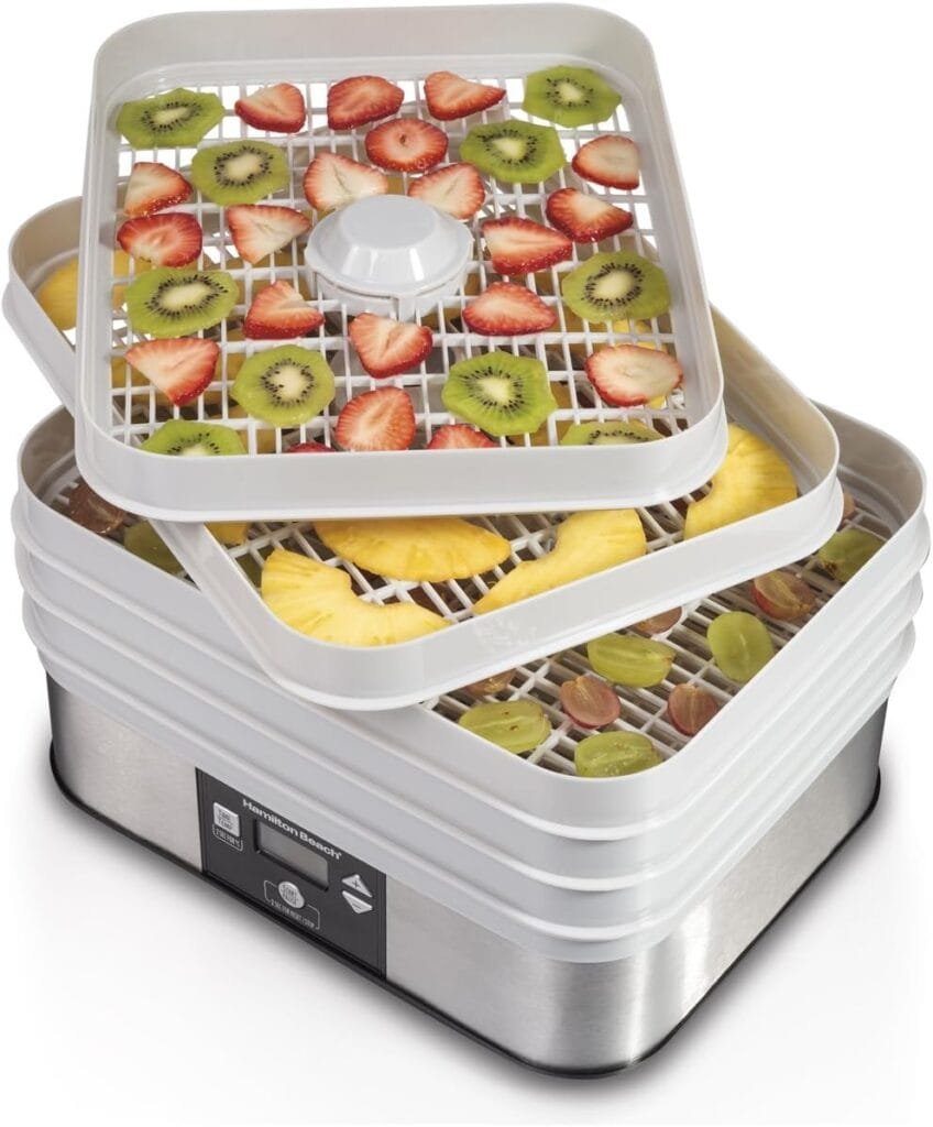 Hamilton Beach Digital Food Dehydrator for Fruit and Jerky, Vegetables and More, 5 Trays, Adjustable Temperature, 48 Hour Timer + Auto Shutoff, Grey (32100A) Hamilton Beach Digital Food Dehydrator for Fruit and Jerky, Vegetables and More, 5 Trays, Adjustable Temperature, 48 Hour Timer + Auto Shutoff, Grey (32100A)