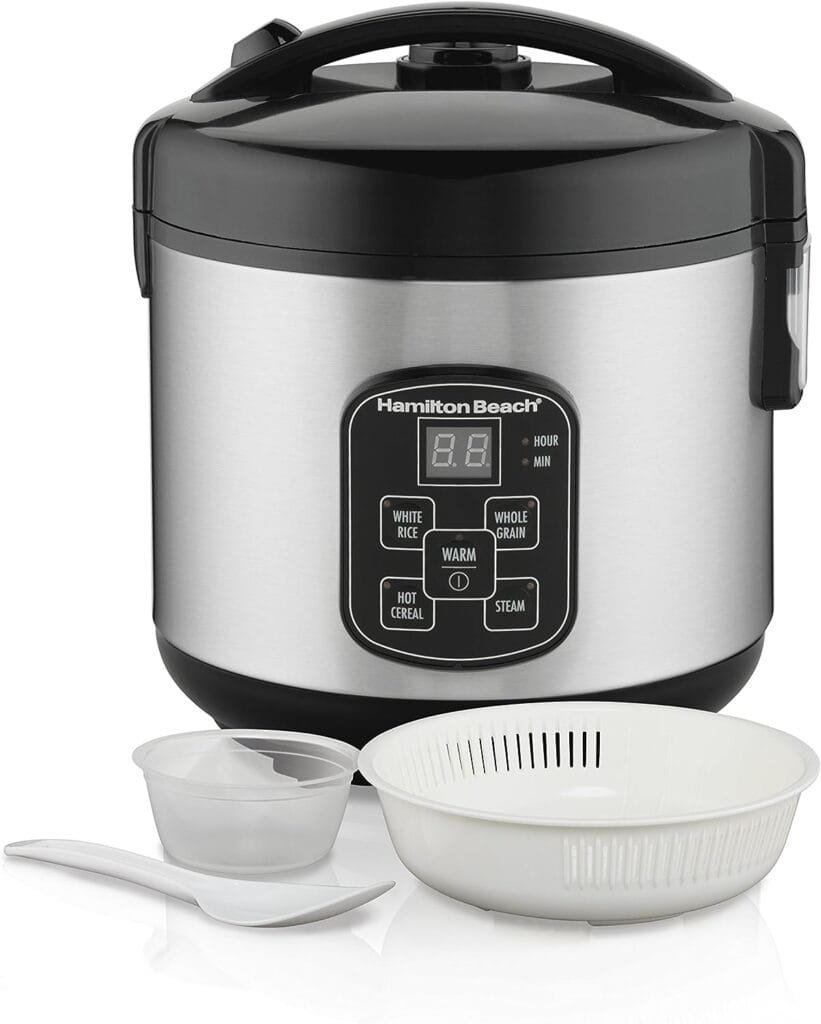 Hamilton Beach Digital Programmable Rice Cooker  Food Steamer, 8 Cups Cooked (4 Uncooked), With Steam  Rinse Basket, Stainless Steel (37518)