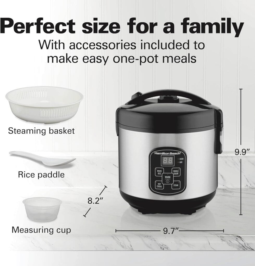 Hamilton Beach Digital Programmable Rice Cooker  Food Steamer, 8 Cups Cooked (4 Uncooked), With Steam  Rinse Basket, Stainless Steel (37518)