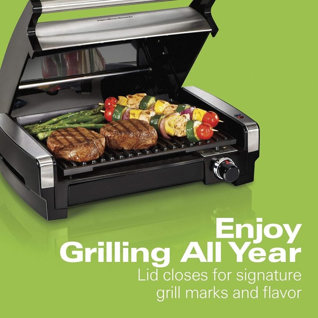 Hamilton Beach Electric Indoor Searing Grill with Adjustable Temperature Control to 450F, Removable Nonstick Grate, 118 sq. in. Surface Serves 6, Stainless Steel Hamilton Beach Electric Indoor Searing Grill with Adjustable Temperature Control to 450F, Removable Nonstick Grate, 118 sq. in. Surface Serves 6, Stainless Steel