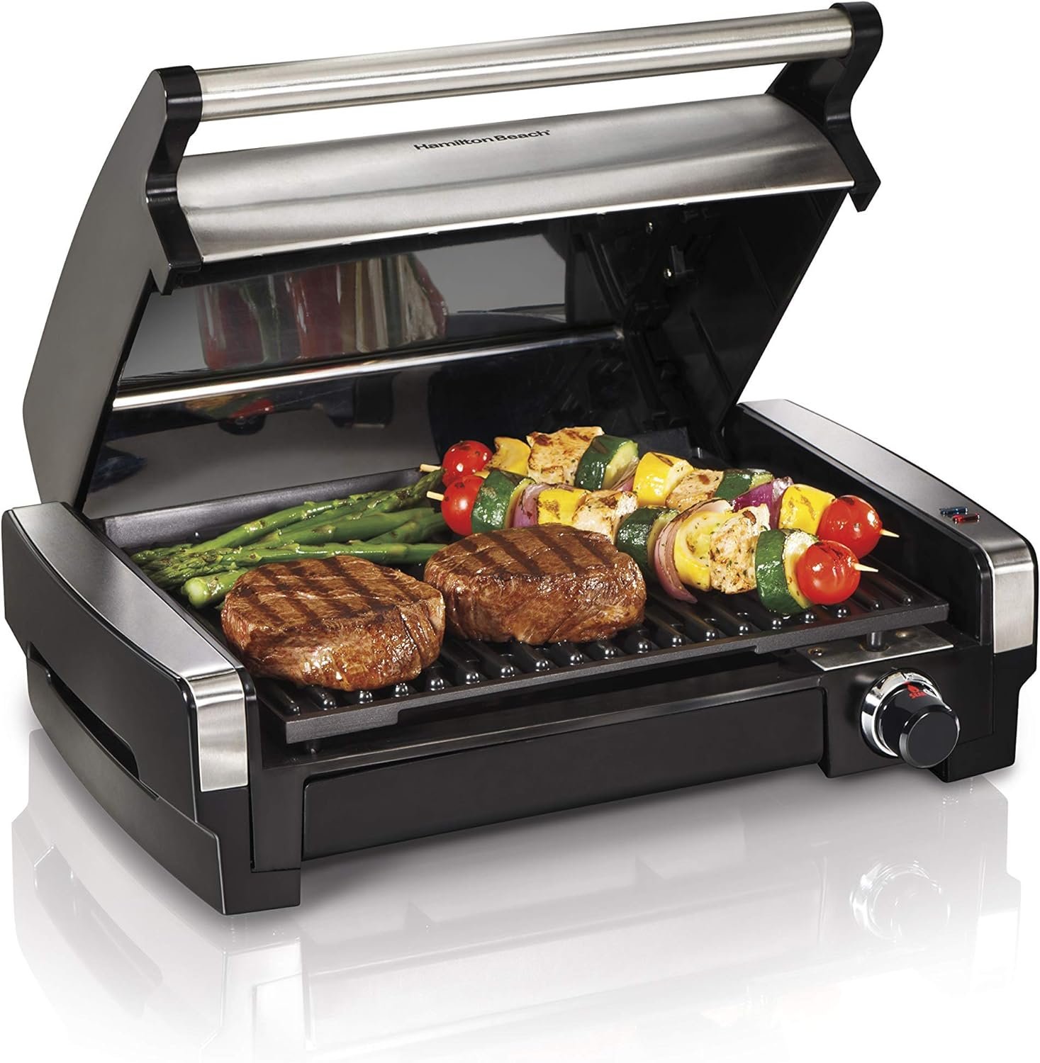 Hamilton Beach Electric Indoor Searing Grill with Adjustable Temperature Control to 450F, Removable Nonstick Grate, 118 sq. in. Surface Serves 6, Stainless Steel