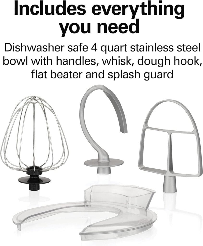 Hamilton Beach Electric Stand Mixer, 4 Quarts, Dough Hook, Flat Beater Attachments, Splash Guard 7 Speeds with Whisk, Black with Top Handle Hamilton Beach Electric Stand Mixer, 4 Quarts, Dough Hook, Flat Beater Attachments, Splash Guard 7 Speeds with Whisk, Black with Top Handle