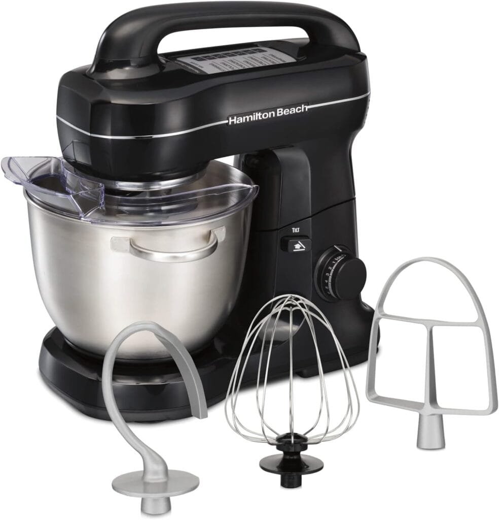 Hamilton Beach Electric Stand Mixer, 4 Quarts, Dough Hook, Flat Beater Attachments, Splash Guard 7 Speeds with Whisk, Black with Top Handle Hamilton Beach Electric Stand Mixer, 4 Quarts, Dough Hook, Flat Beater Attachments, Splash Guard 7 Speeds with Whisk, Black with Top Handle