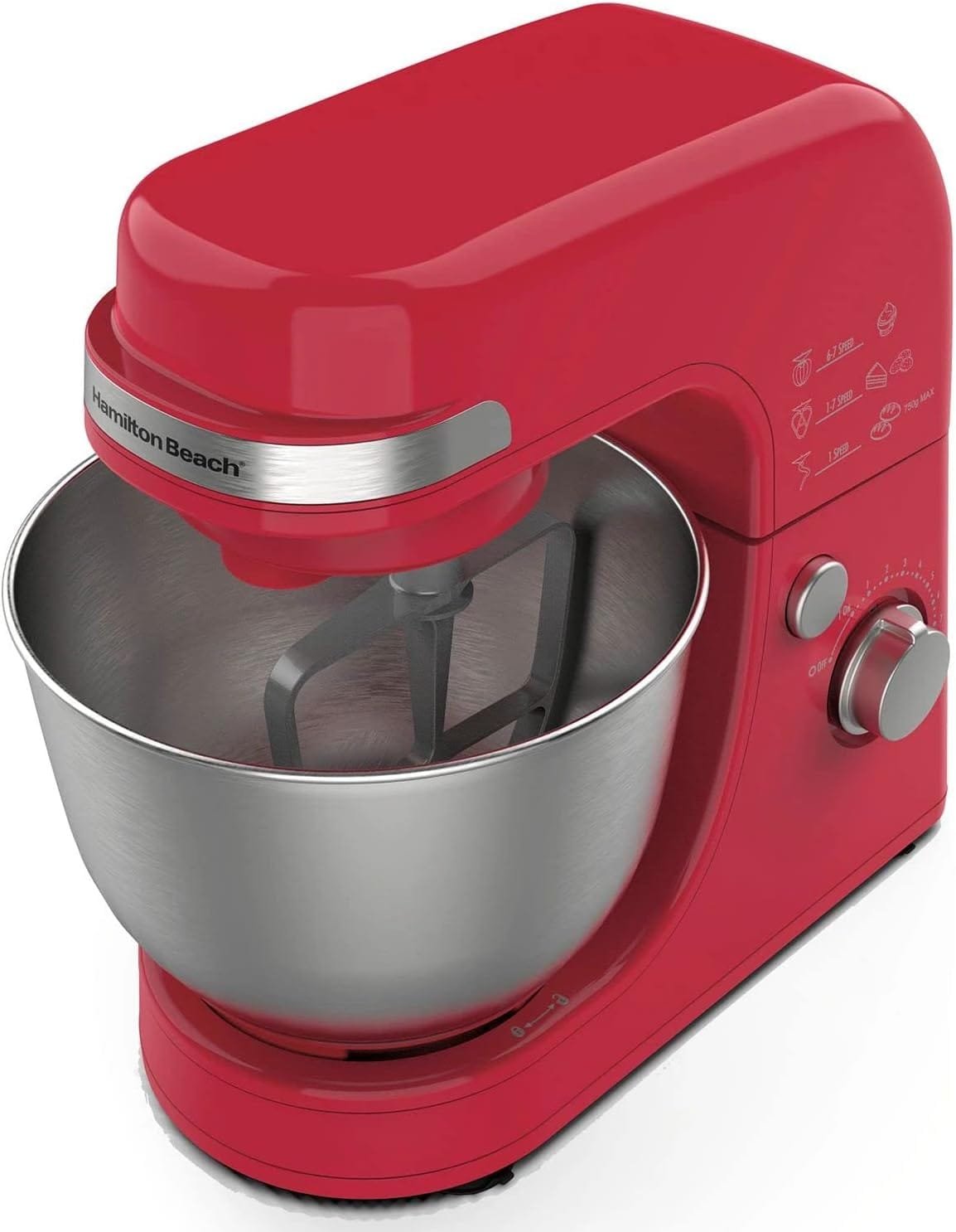 Hamilton Beach Electric Stand Mixer, 4 Quarts, Dough Hook, Flat Beater Attachments, Splash Guard 7 Speeds with Whisk, Red