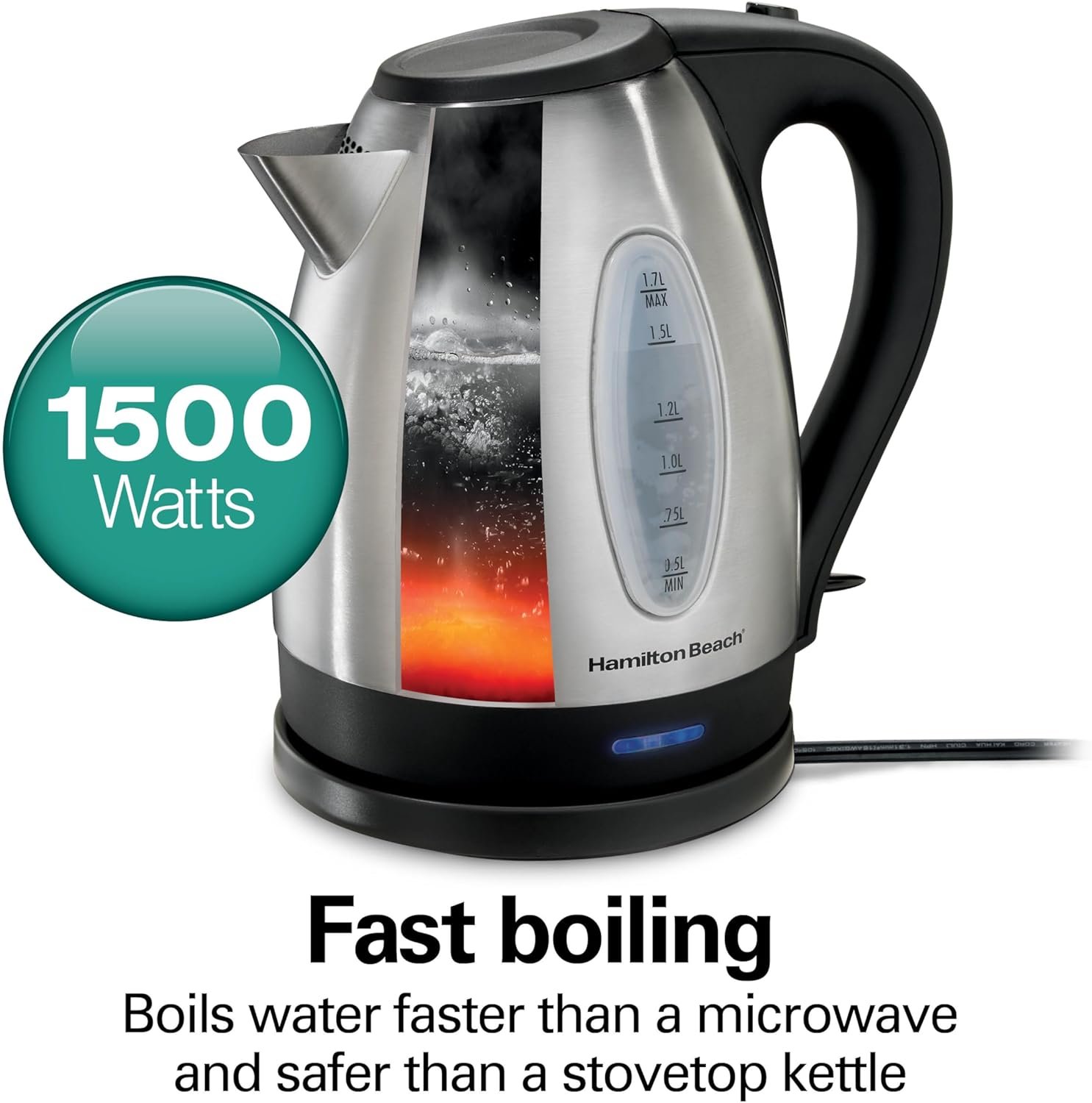 Hamilton Beach Electric Tea Kettle, Water Boiler  Heater, 1.7 Liter, Cordless Serving, 1500 Watts for Fast Boiling, Auto-Shutoff and Boil-Dry Protection, Stainless Steel (40880)