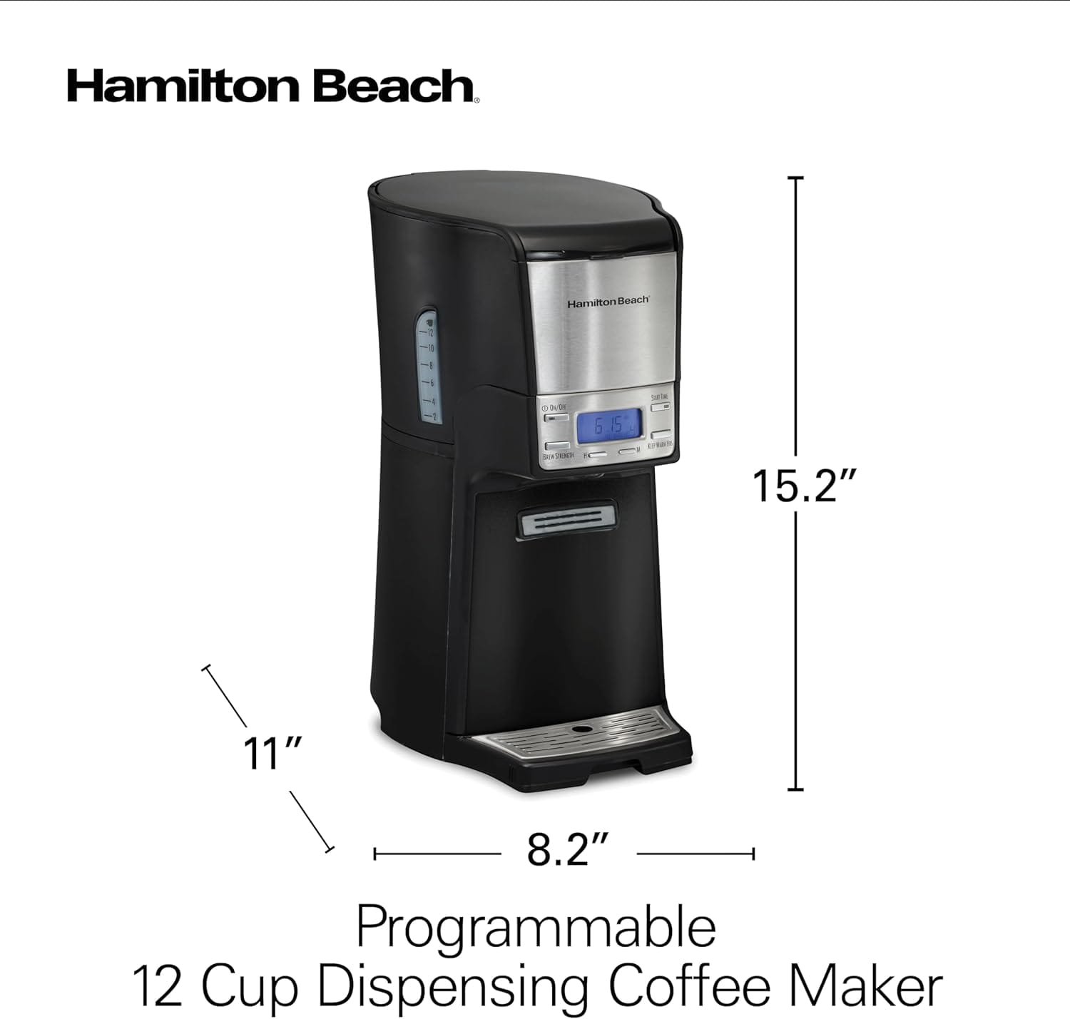 Hamilton Beach One Press Programmable Dispensing Drip Coffee Maker with 12 Cup Internal Brew Pot, Water Reservoir, Black and Silver (47950)