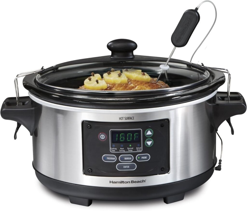 Hamilton Beach Portable 6 Quart Set  Forget Digital Programmable Slow Cooker Lock, Dishwasher Safe Crock  Lid, Temperature Probe, Stainless Steel