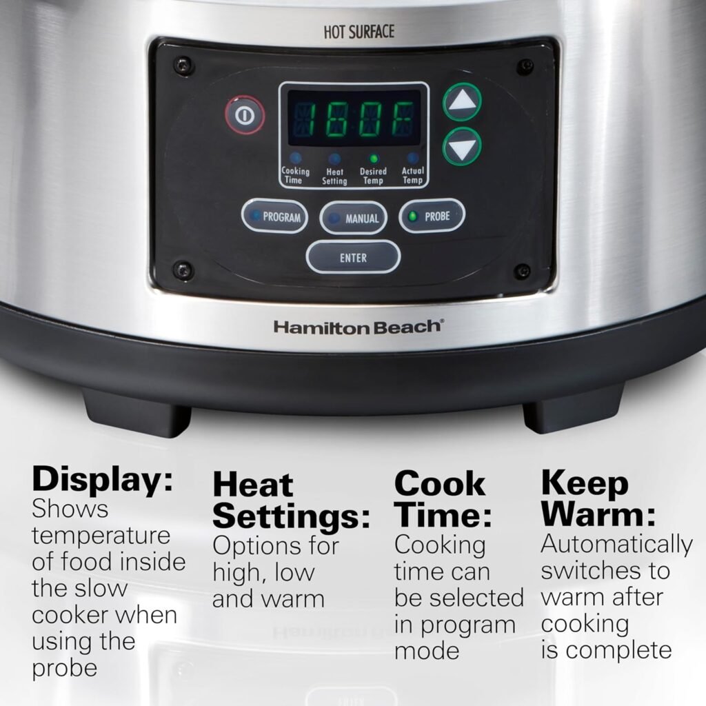 Hamilton Beach Portable 6 Quart Set  Forget Digital Programmable Slow Cooker Lock, Dishwasher Safe Crock  Lid, Temperature Probe, Stainless Steel