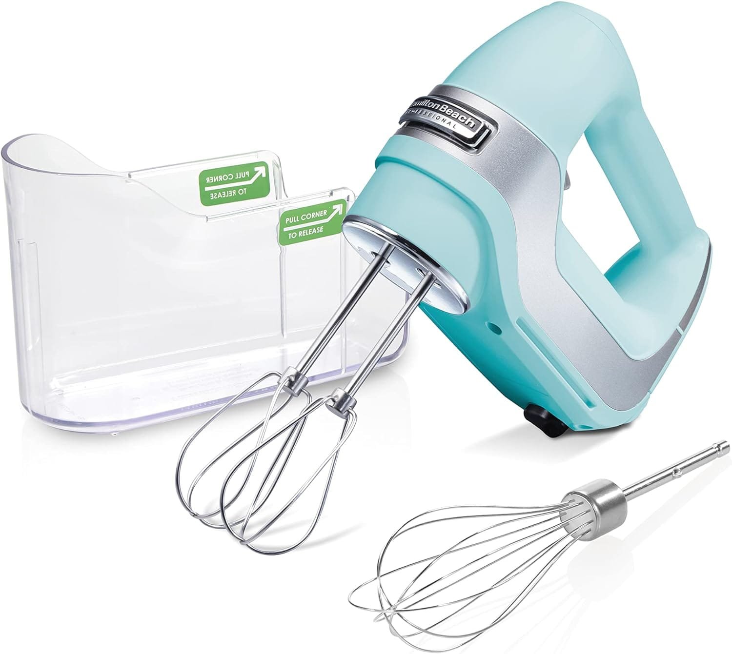 Hamilton Beach Professional 5-Speed Electric Hand Mixer with Snap-On Storage Case, QuickBurst, Stainless Steel Twisted Wire Beaters and Whisk, Mint (62658) Hamilton Beach Professional 5-Speed Electric Hand Mixer with Snap-On Storage Case, QuickBurst, Stainless Steel Twisted Wire Beaters and Whisk, Mint (62658)