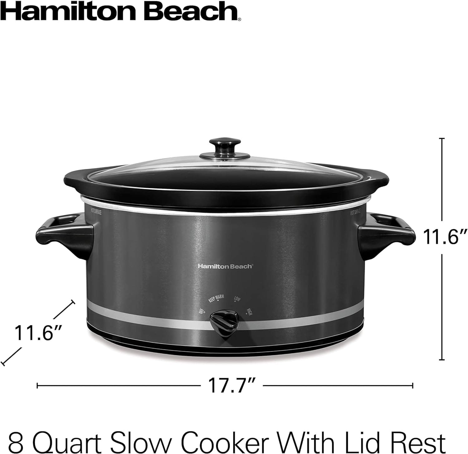 Hamilton Beach Slow Cooker with 3 Cooking Settings, Dishwasher-Safe Stoneware Crock  Glass, 8-Quart Built-In Lid Rest, Black