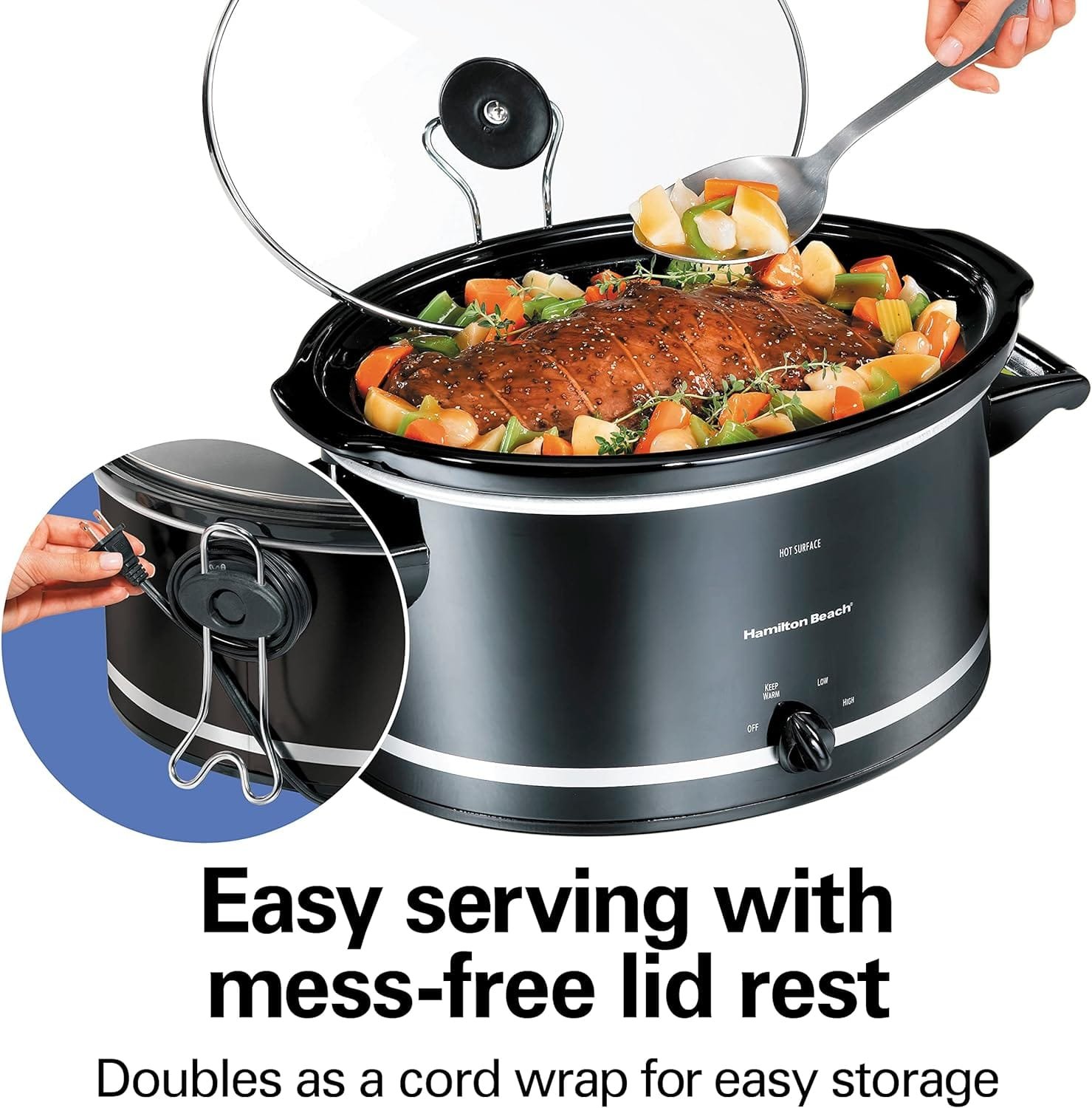 Hamilton Beach Slow Cooker with 3 Cooking Settings, Dishwasher-Safe Stoneware Crock  Glass, 8-Quart Built-In Lid Rest, Black