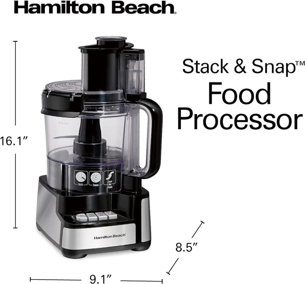 Hamilton Beach Stack  Snap Food Processor and Vegetable Chopper, BPA Free, Stainless Steel Blades, 12 Cup Bowl, 2-Speed 450 Watt Motor, Black (70725A)