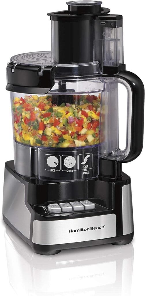 Hamilton Beach Stack  Snap Food Processor and Vegetable Chopper, BPA Free, Stainless Steel Blades, 12 Cup Bowl, 2-Speed 450 Watt Motor, Black (70725A)