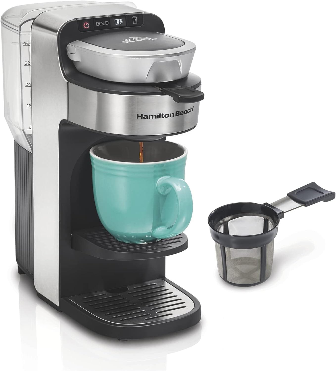 Hamilton Beach The Scoop Single Serve Coffee Maker  Fast Grounds Brewer, Brews in Minutes, 8-14oz. Cups, Stainless Steel