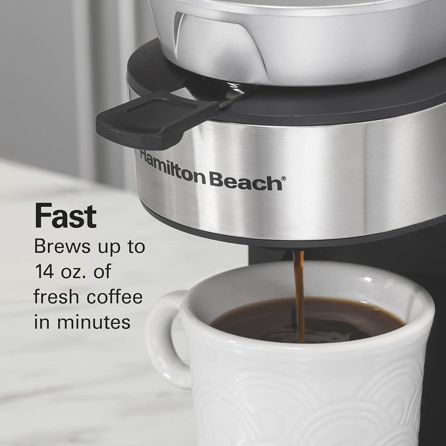 Hamilton Beach The Scoop Single Serve Coffee Maker  Fast Grounds Brewer, Brews in Minutes, 8-14oz. Cups, Stainless Steel