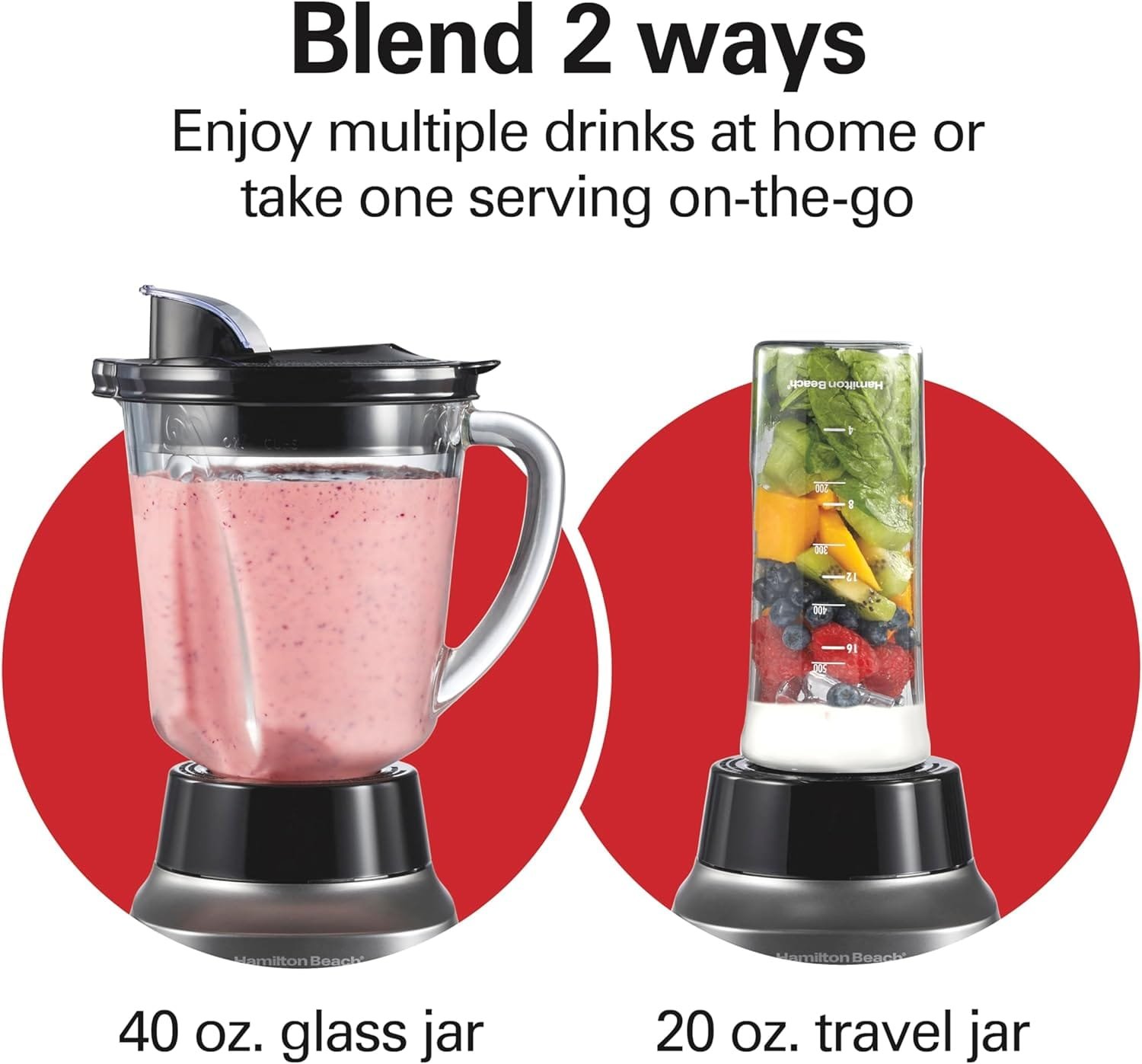 Hamilton Beach Wave Crusher Blender for Shakes and Smoothies, Puree, Crush Ice, With 40oz Glass Jar and 20oz Blend-In Portable Travel Jar, 6 Functions, Gray (58181) Hamilton Beach Wave Crusher Blender for Shakes and Smoothies, Puree, Crush Ice, With 40oz Glass Jar and 20oz Blend-In Portable Travel Jar, 6 Functions, Gray (58181)