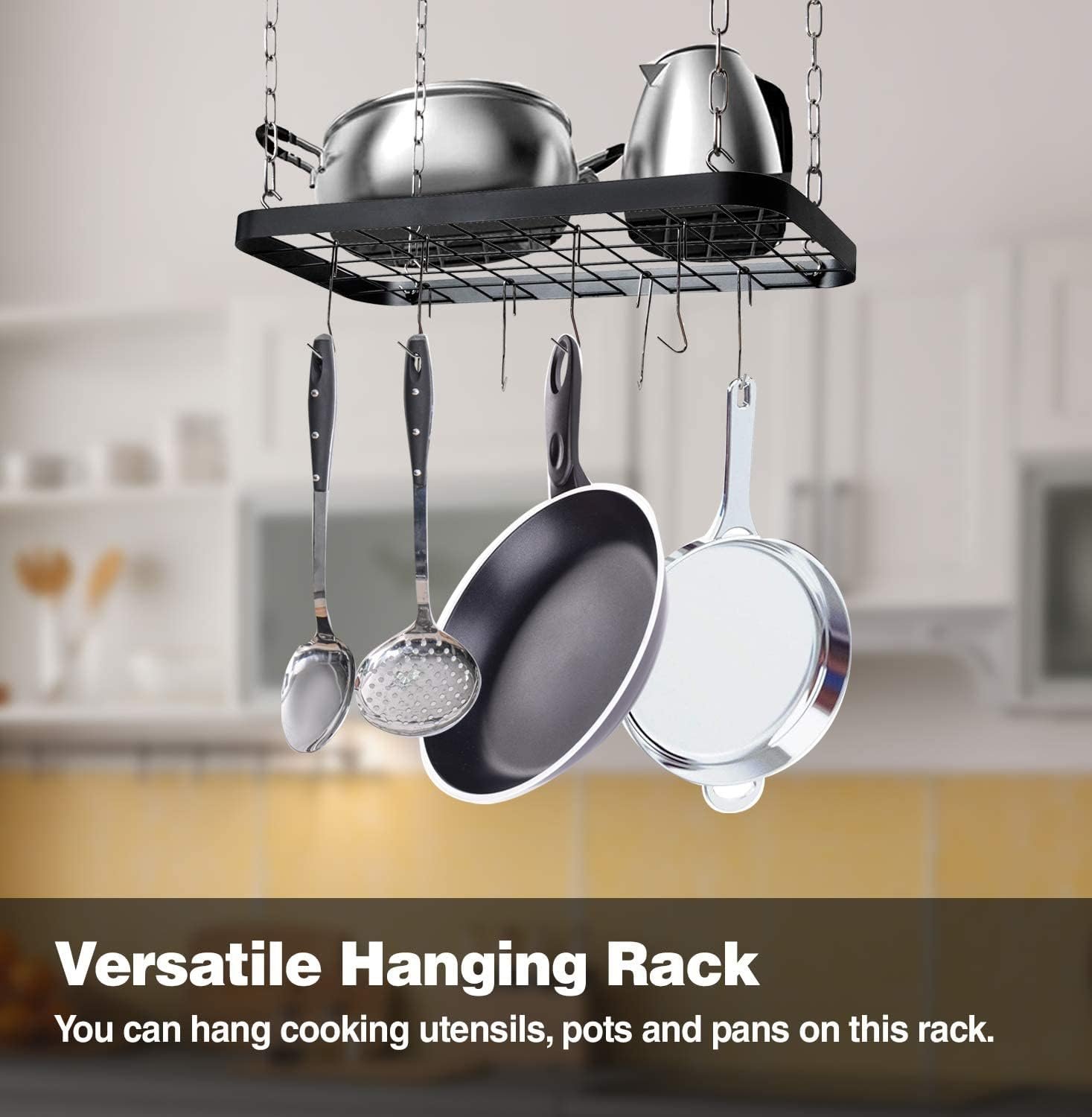 Hanging Pots and Pans Organizer Rack for Ceiling Wall Mount Grid Kitchen Pot Storage Shelves for Utensils, Cookware with 8 S Hooks (24.4 x 11.8 x 1.2 inches)- JACKCUBE DESIGN MK397B