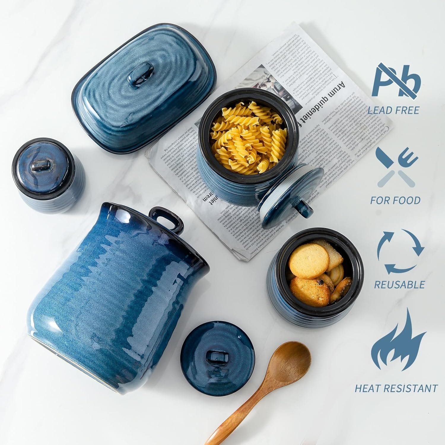 Hasense Ceramic Food Storage Jars Set of 3,25 Oz Kitchen Canisters with Airtight Lids, Coffee,Tea and Sugar Containers Farmhouse Decor for Kitchen, Blue