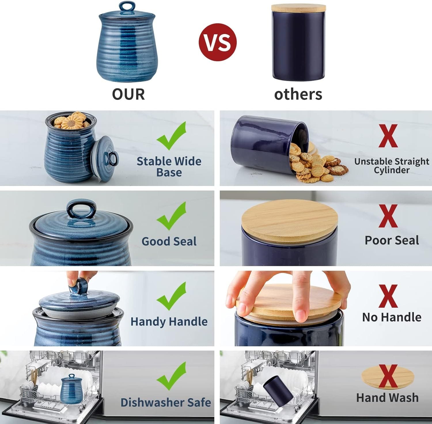 Hasense Ceramic Food Storage Jars Set of 3,25 Oz Kitchen Canisters with Airtight Lids, Coffee,Tea and Sugar Containers Farmhouse Decor for Kitchen, Blue