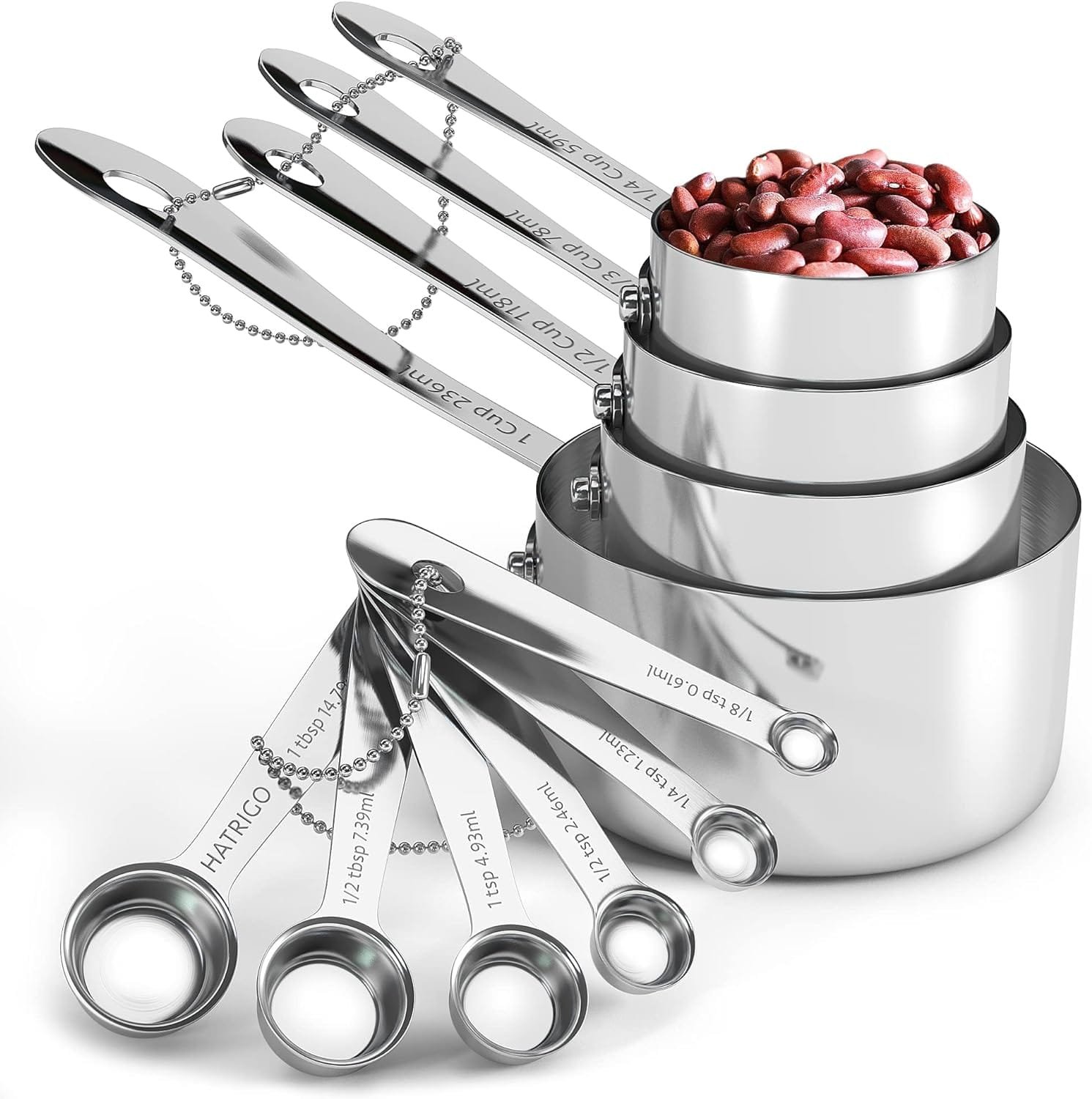 Heavy Duty Professional 10-pc Stainless Steel Measuring Cups and Spoons Set with Riveted Handles, Polished Stackable Measuring Cup and Measuring Spoon, Thick Gauge Steel, Built to Last a Lifetime