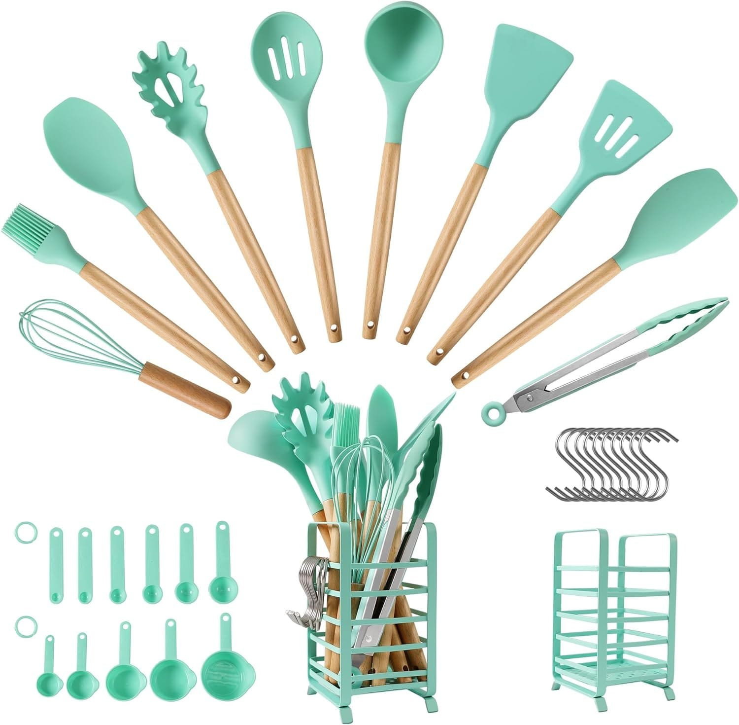 hecef Kitchen Utensils Set, 32 PCS Silicone Cooking Utensils Set with Stainless Steel Holder, 446°F Heat Resistant Food Grade Kitchen Gadgets Tools Set Wooden Handle for Nonstick Cookware (Green)